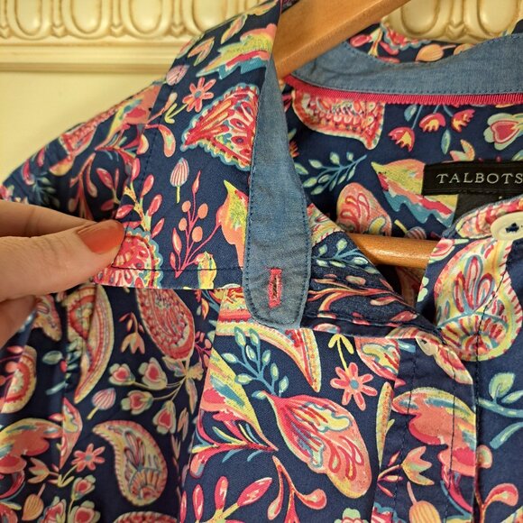 Talbots Women's Blue Pink Paisley Button Front Cotton Shirt Blouse Sz XL - Picture 6 of 10